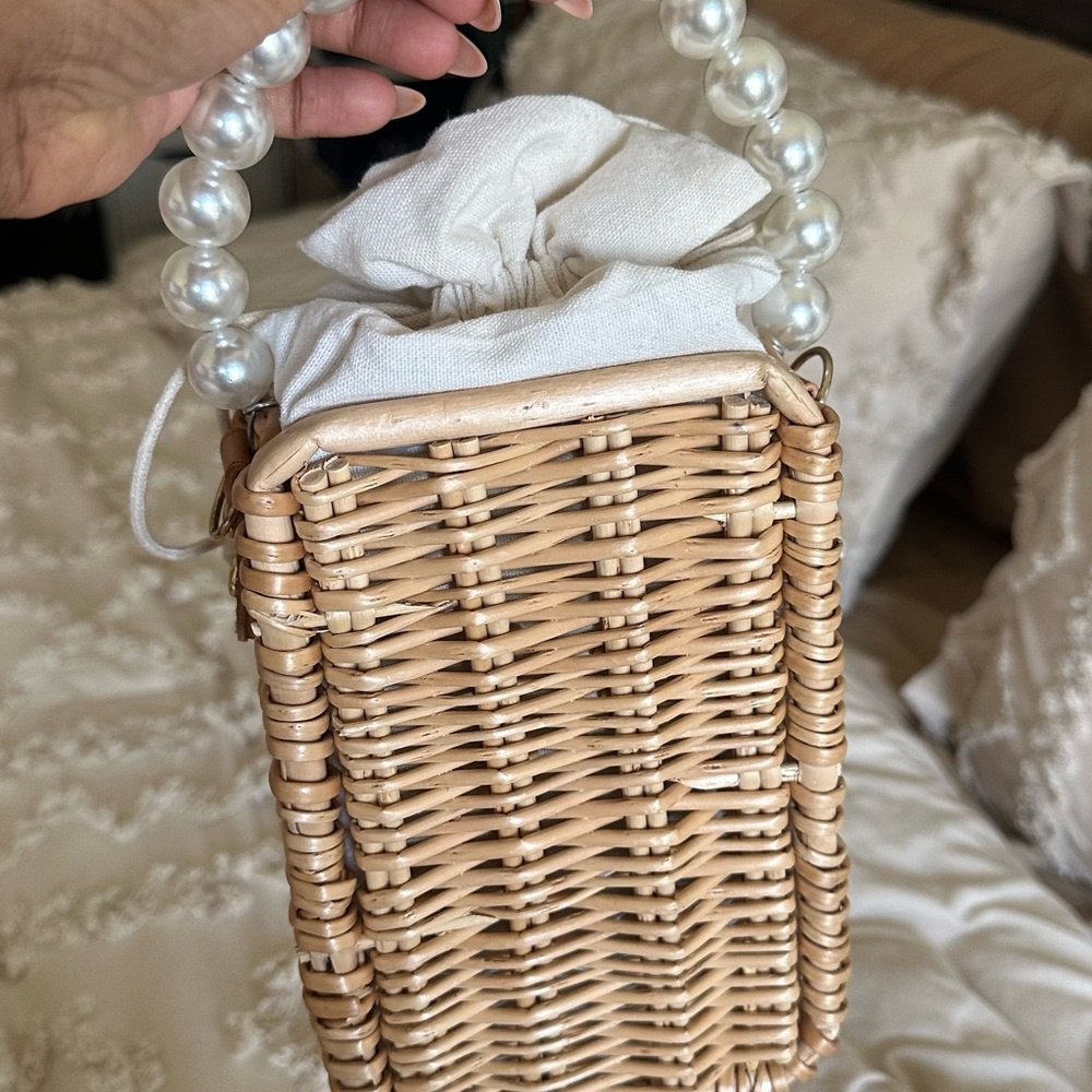 Woven Rattan Pearl-Handle Crossbody Bag in Natural and Cream